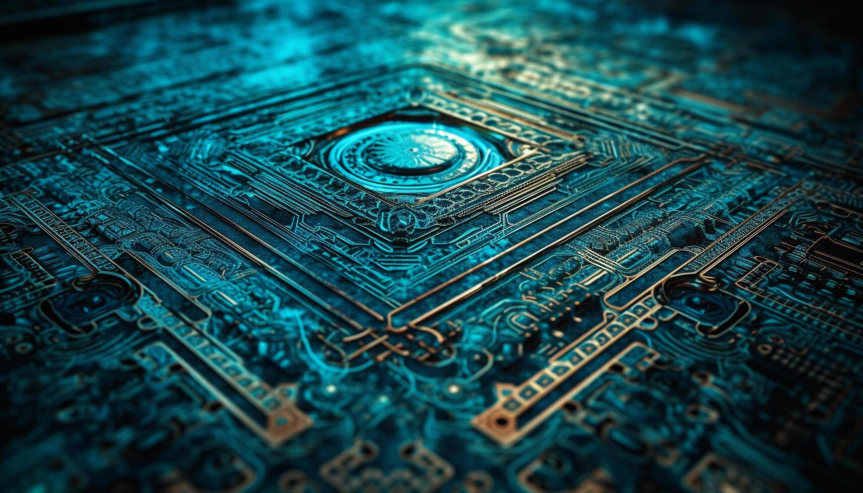 Abstract circuit board pattern in blue, glowing with electricity generated by AI photo