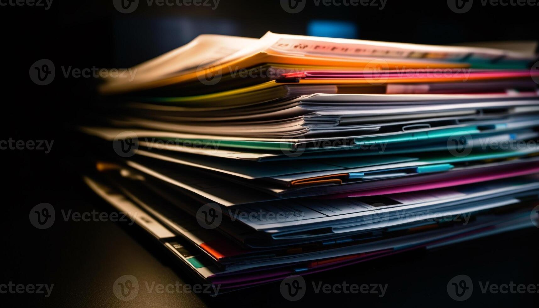 Large file stack on desk, paperwork heap in business office generated by AI photo