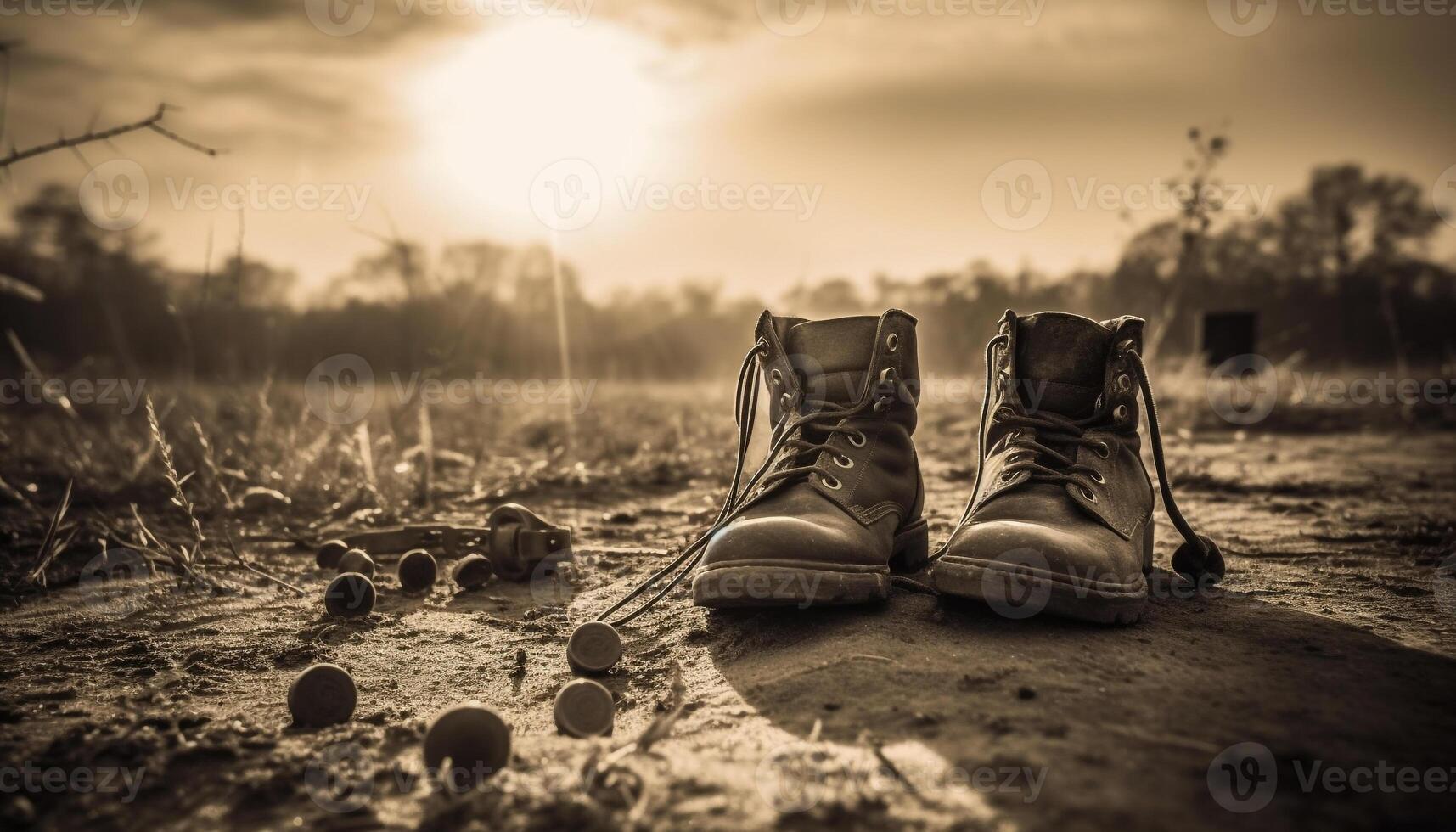 Old fashioned sports shoe walking through autumn forest at sunset generated by AI photo