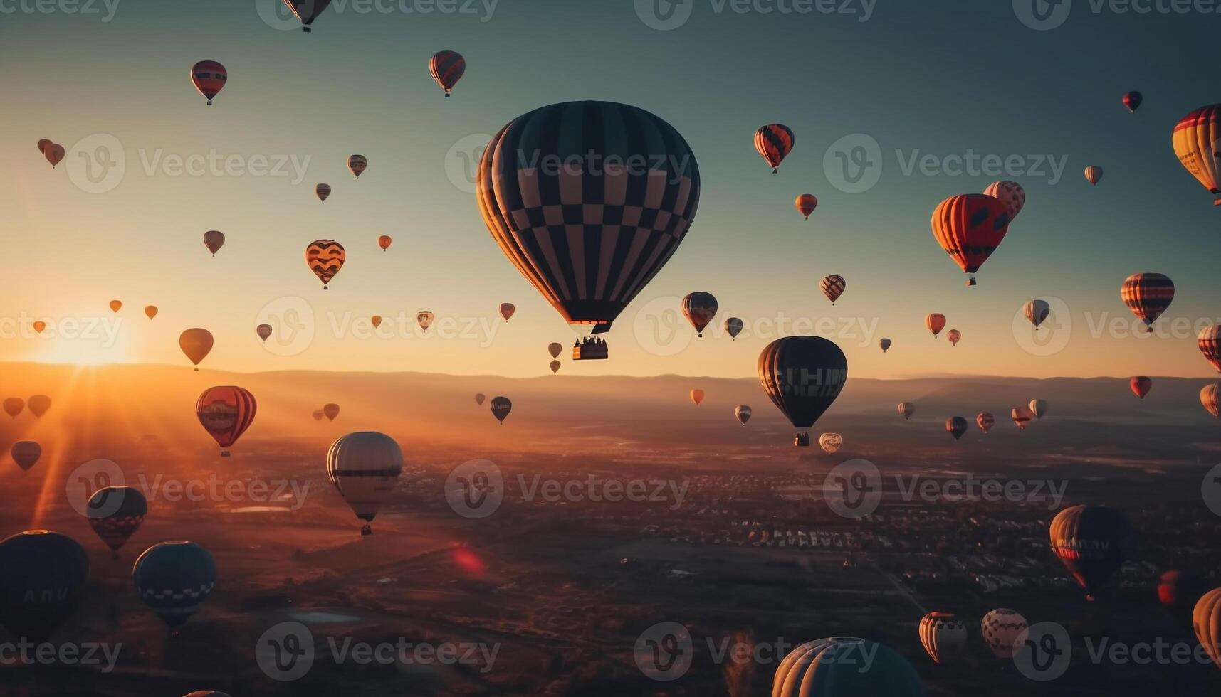 Multi colored hot air balloon soars over stunning mountain landscape generated by AI photo