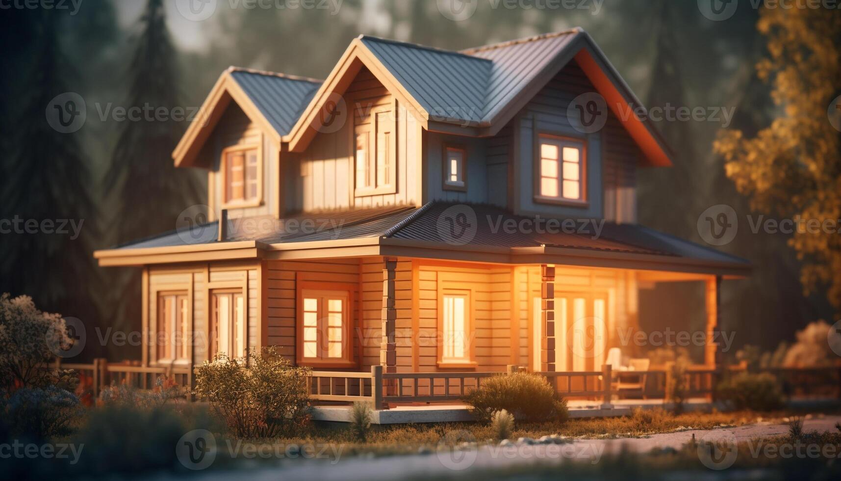 Modern luxury home in rustic winter landscape with illuminated windows generated by AI photo