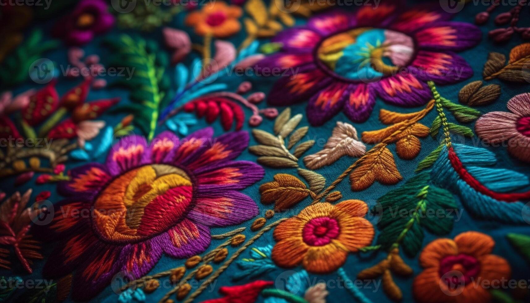 vibrante lana alfombra tejido con florido floral modelo en azul y amarillo generado por ai foto
