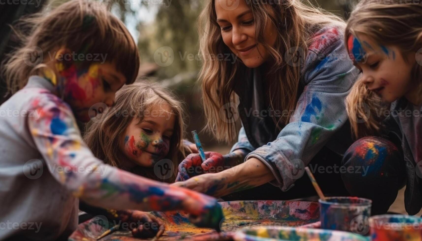 Smiling children paint together, enjoying creativity and playful fun outdoors generated by AI photo