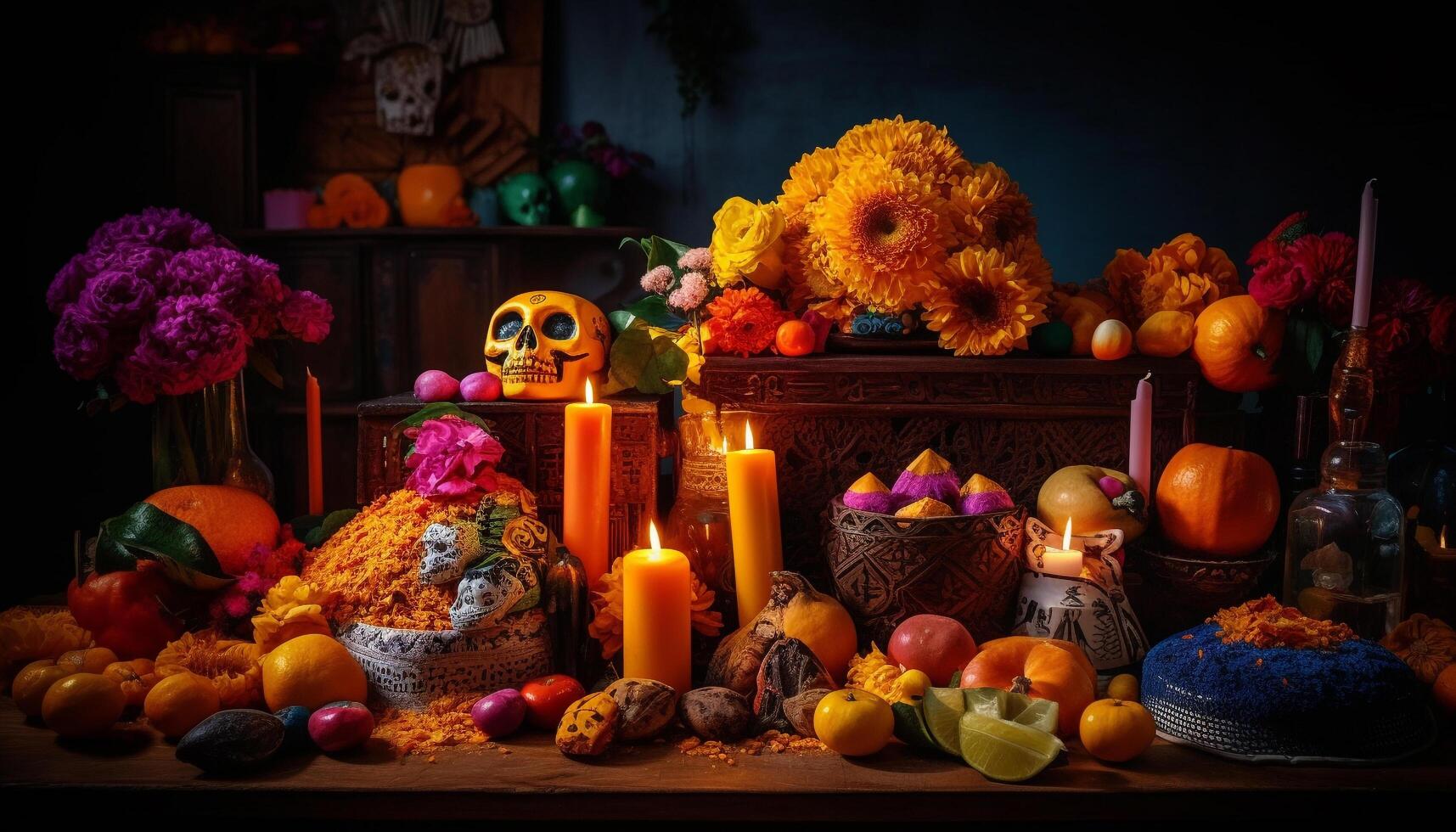 escalofriante Víspera de Todos los Santos decoración con calabaza, vela, y multi de colores antecedentes generado por ai foto