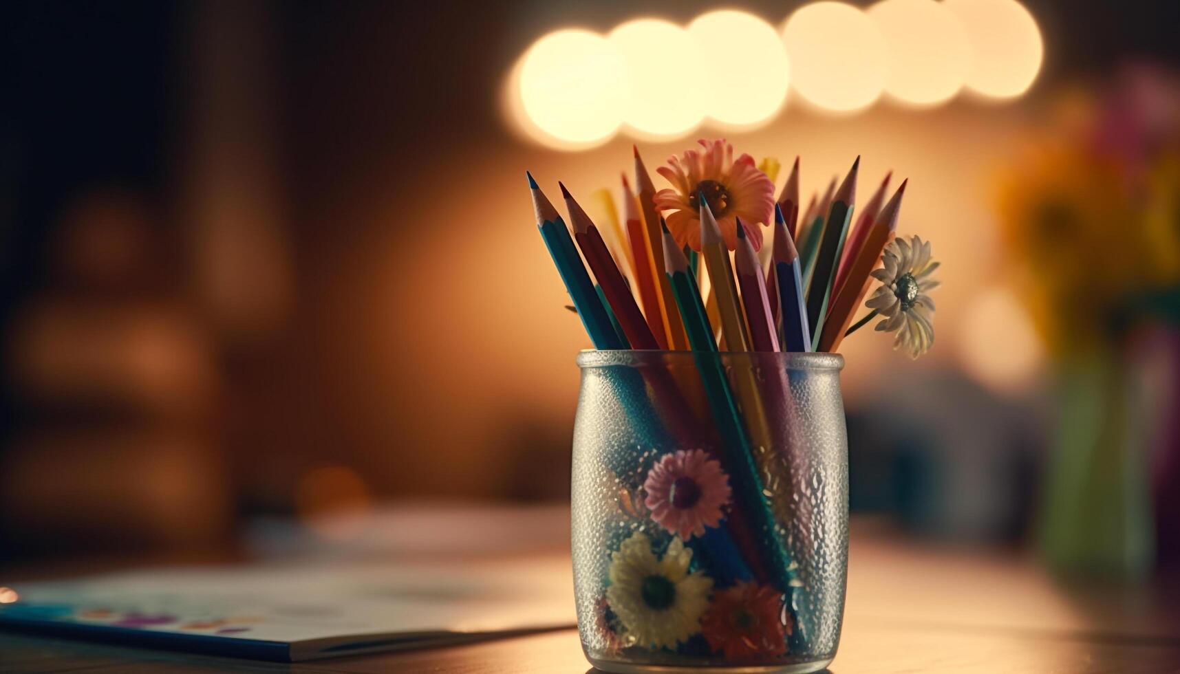 Creative desk decor vase, pencil, paper, flower, drink, colors generated by AI photo