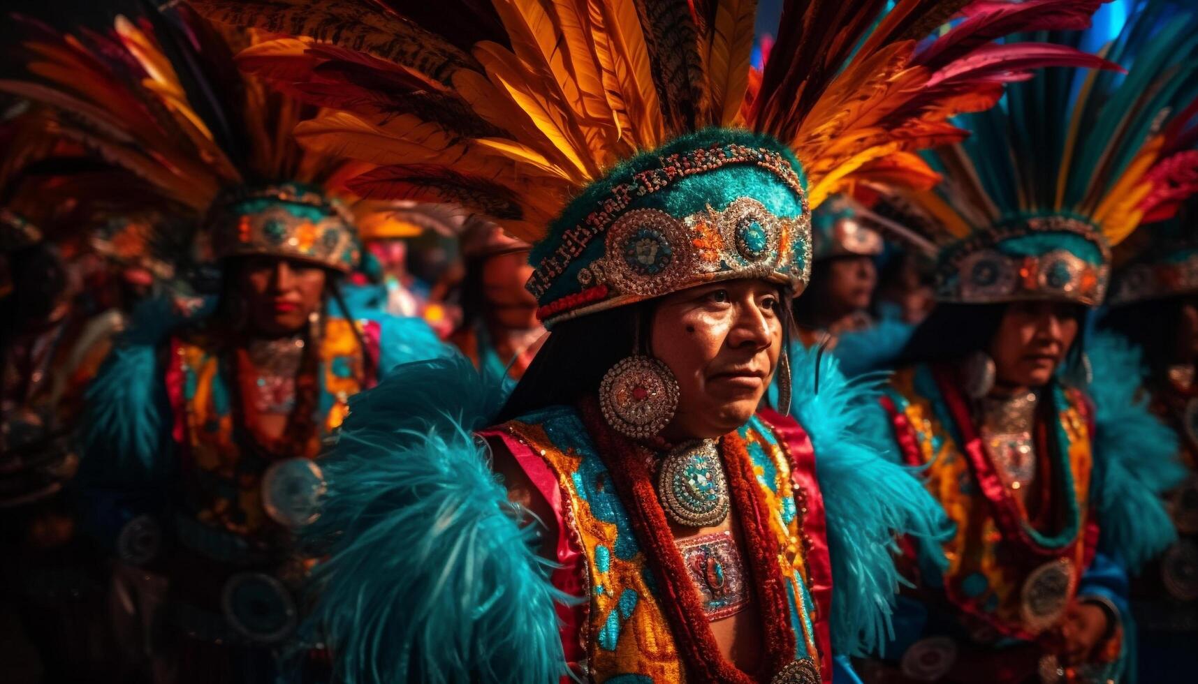 indígena hombres y mujer celebrar tradicional festival con multi de colores ropa, bailando y sonriente generado por ai foto