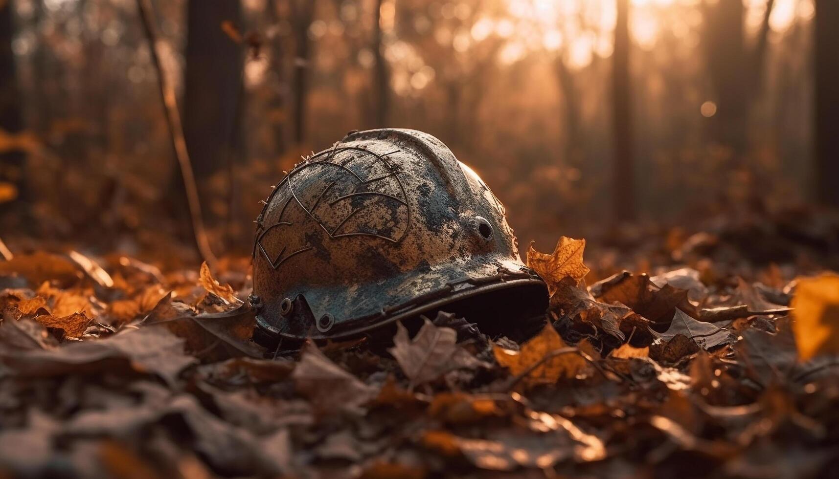 hombres en Ejército cascos caminar mediante otoño bosque, armado para guerra generado por ai foto