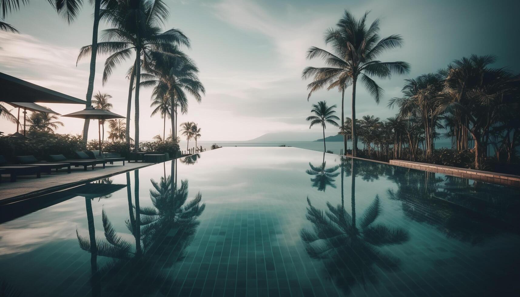 Tranquil scene of palm trees and water at tropical resort generated by AI photo