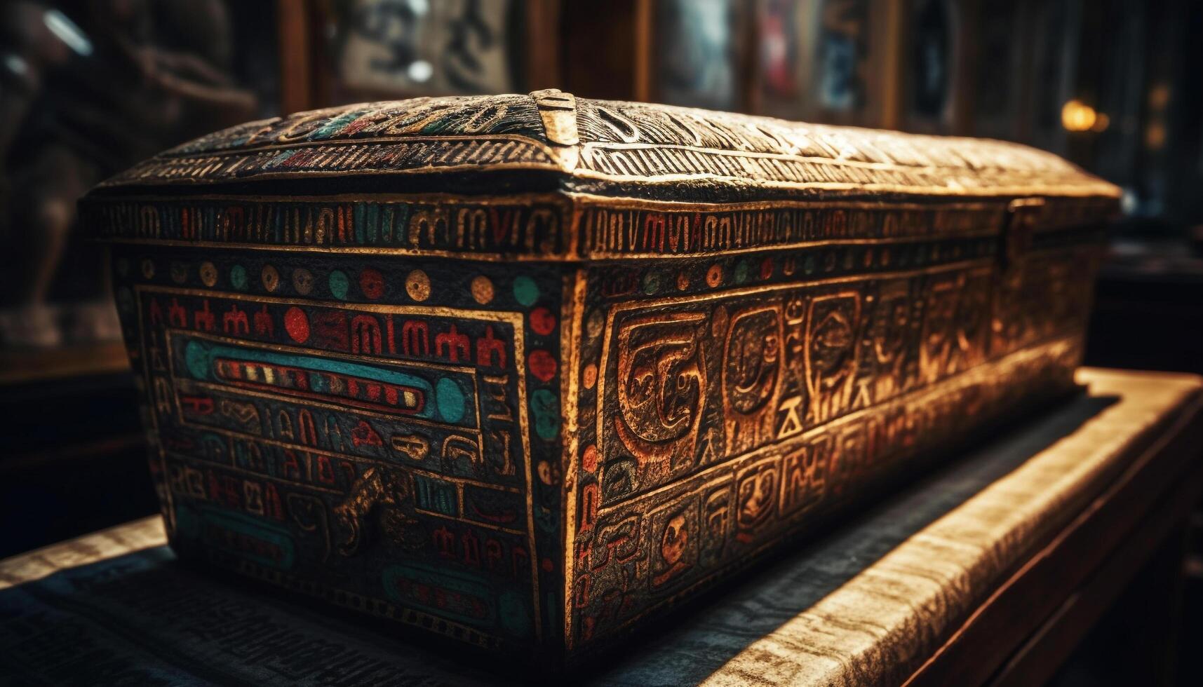 Ancient wood coffin with ornate gold decoration symbolizes spirituality generated by AI photo