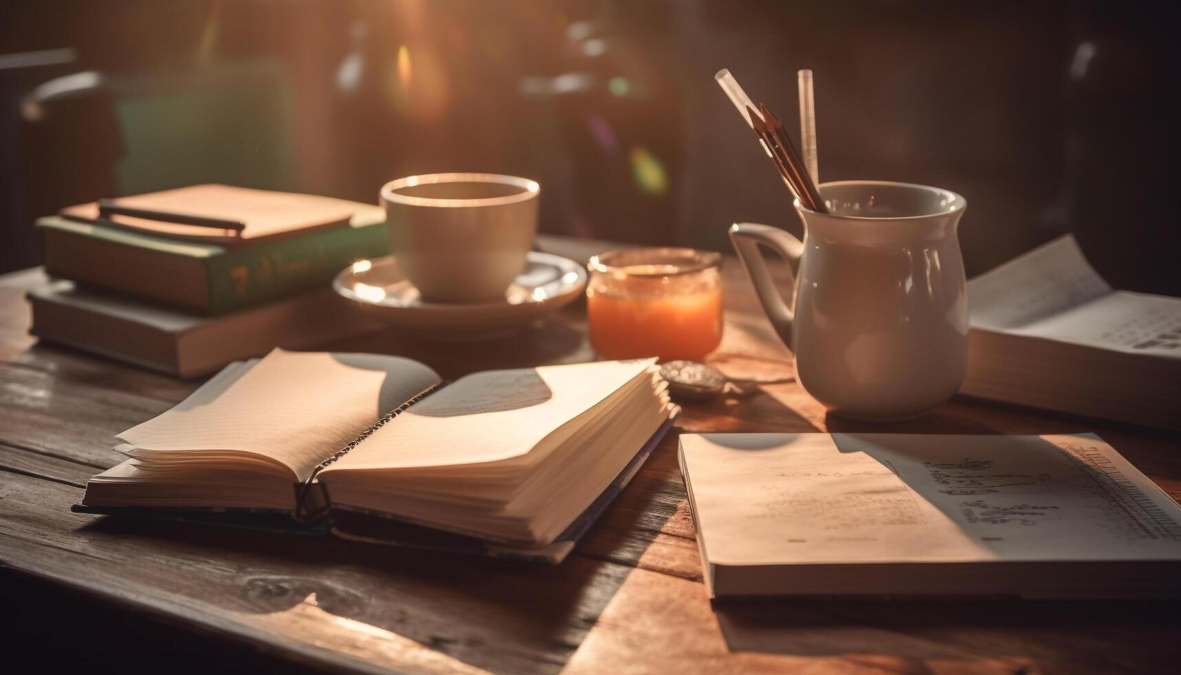 Old fashioned library desk with stack of literature, coffee cup, and pen generated by AI photo