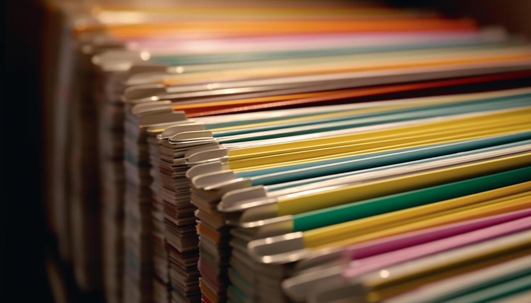 Large stack of multi colored paperwork in organized filing cabinet generated by AI photo