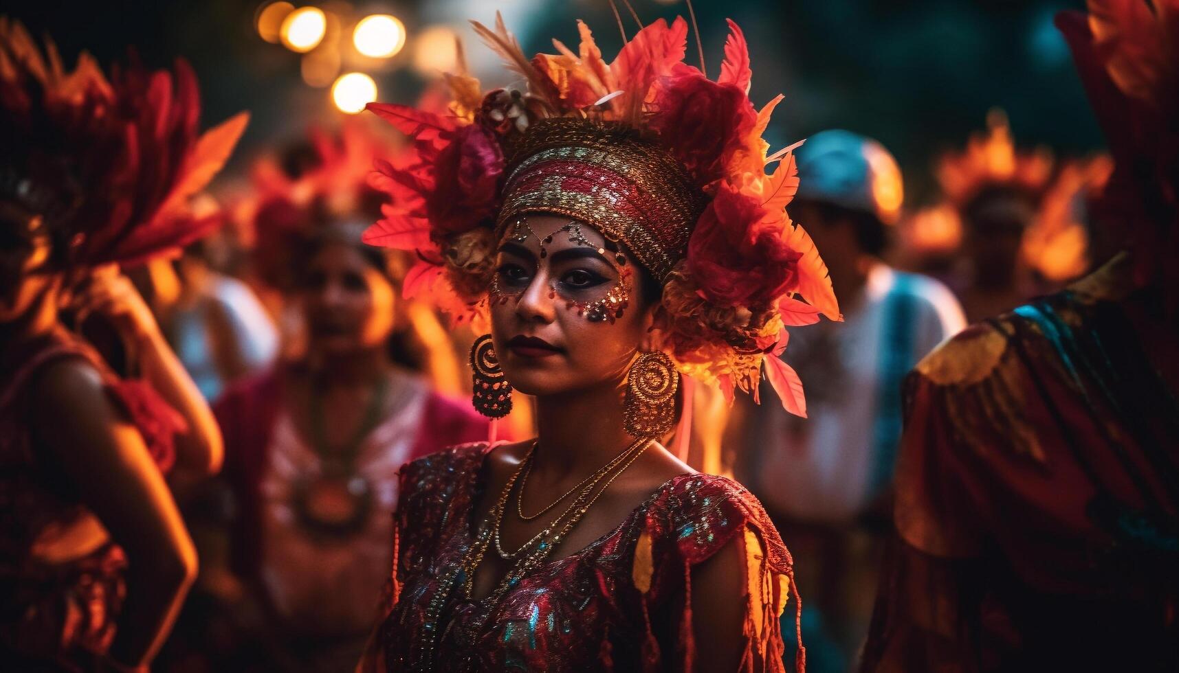 joven adultos sonriente, celebrando tradicional festival, bailando al aire libre con indígena cultura generado por ai foto