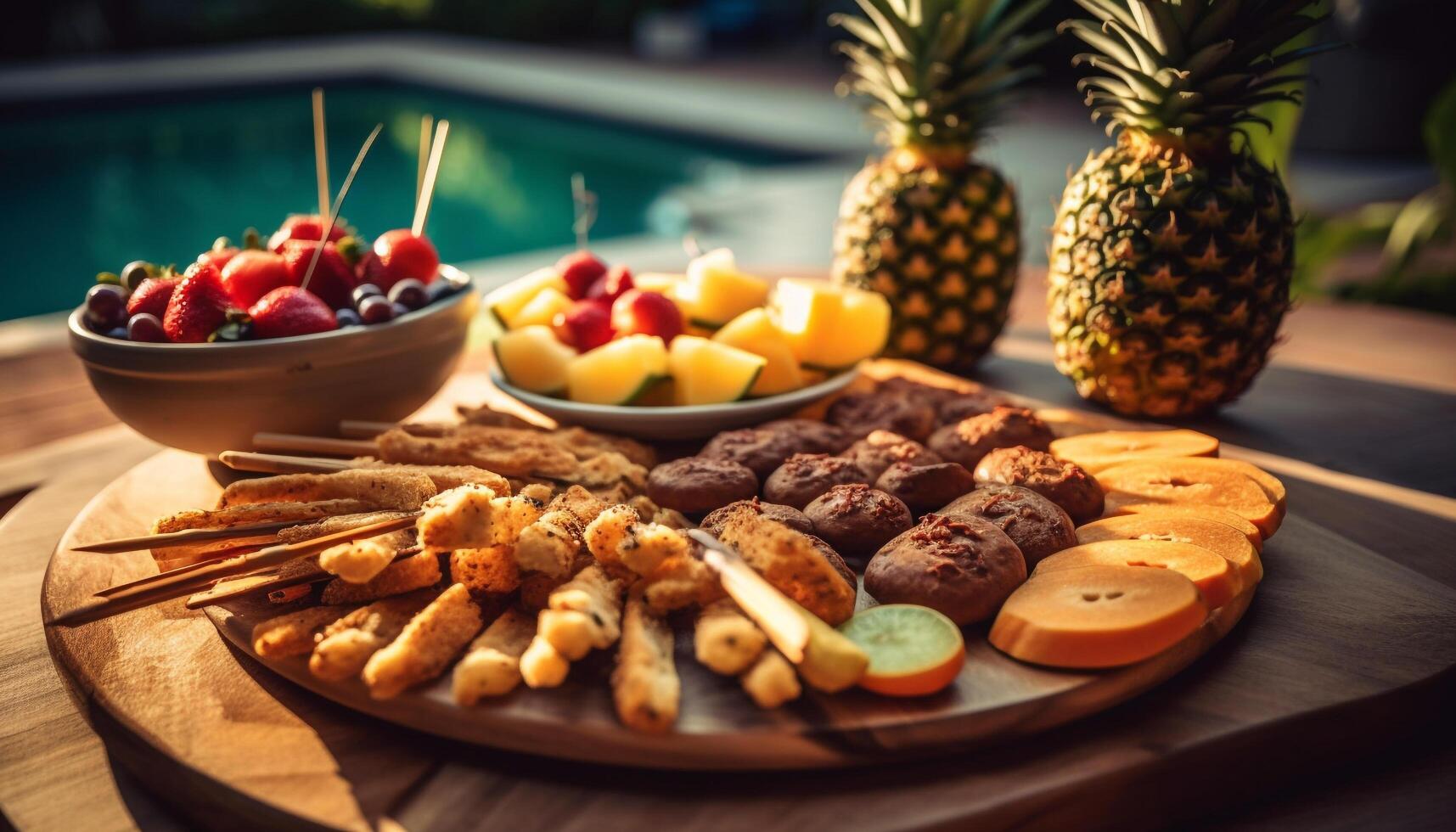 Foreground focus Fresh gourmet skewer plate with grilled meat and vegetables generated by AI photo