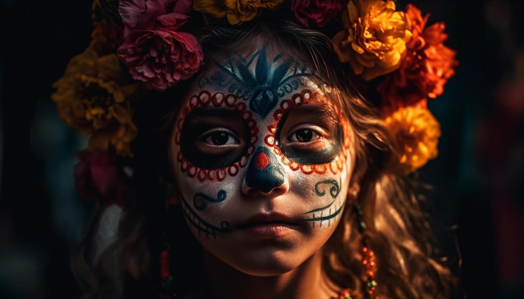 Indigenous beauty celebrates traditional festival with spooky face paint mask generated by AI photo