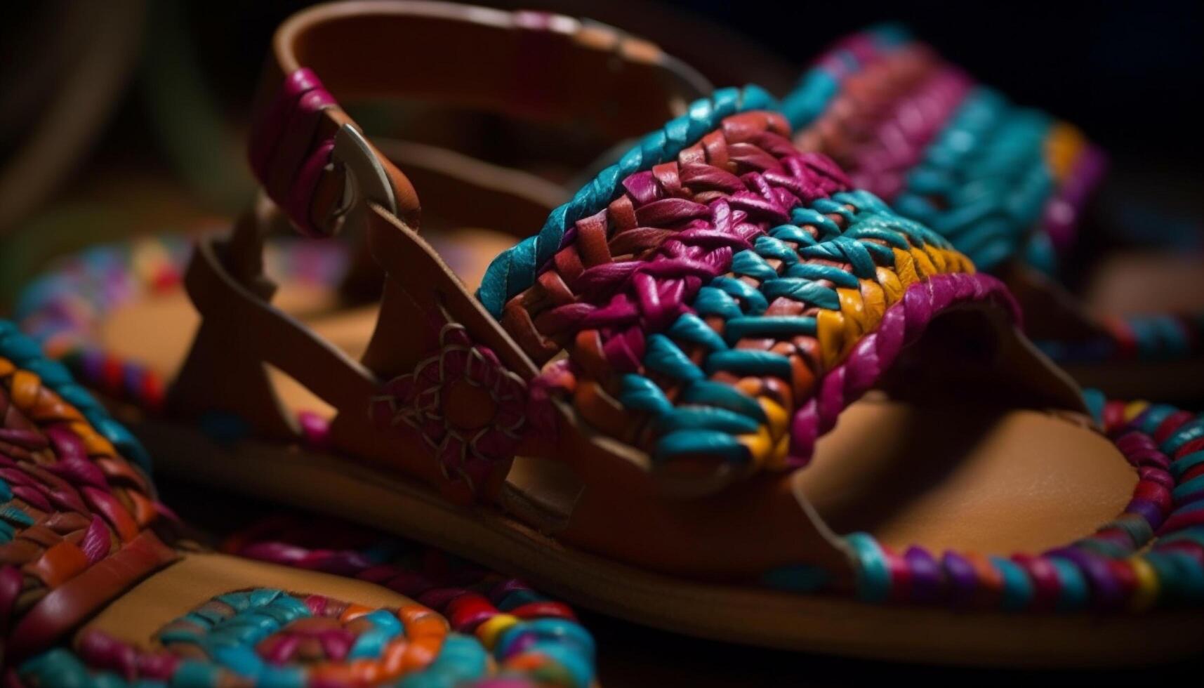 Vibrant multi colored sandals showcase indigenous cultures' embroidery and elegance generated by AI photo