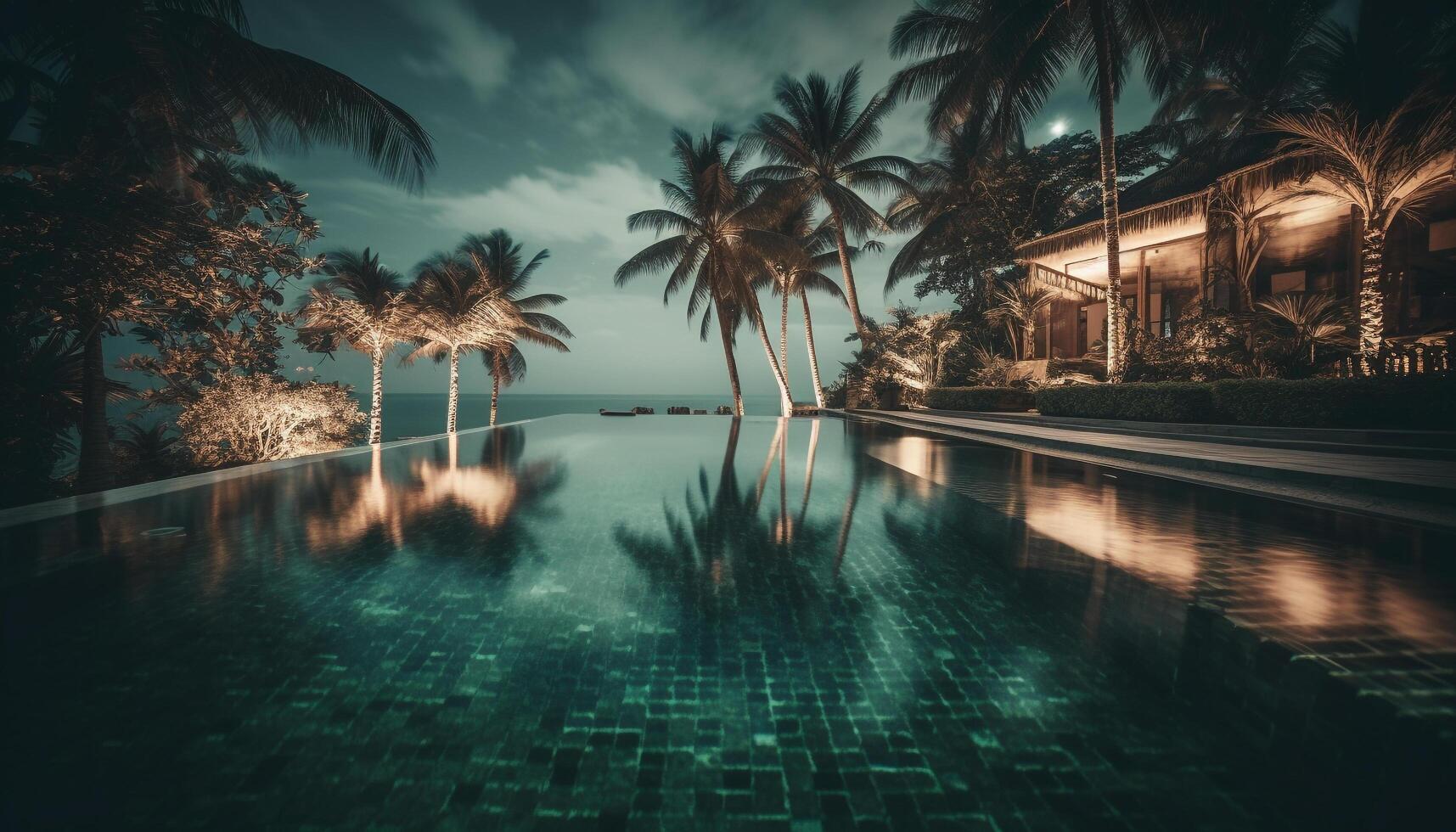 Tropical palm tree reflects in tranquil swimming pool at dusk generated