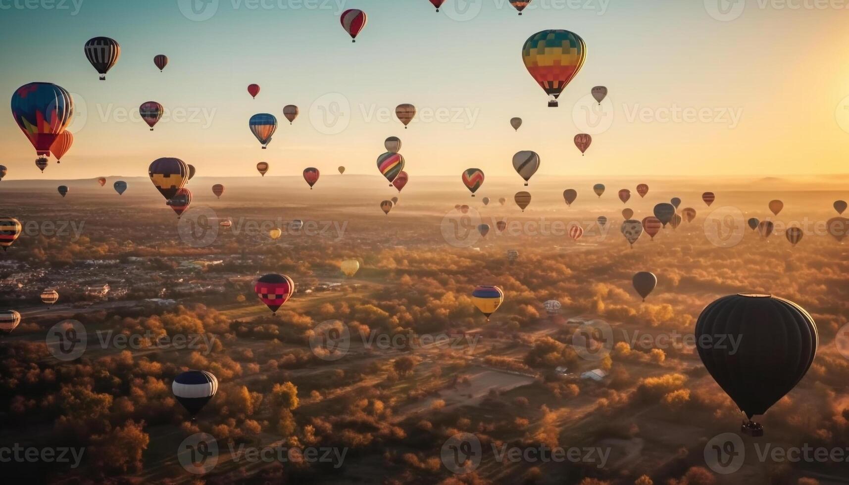 Multi colored hot air balloon levitates mid air over mountain range generated by AI photo