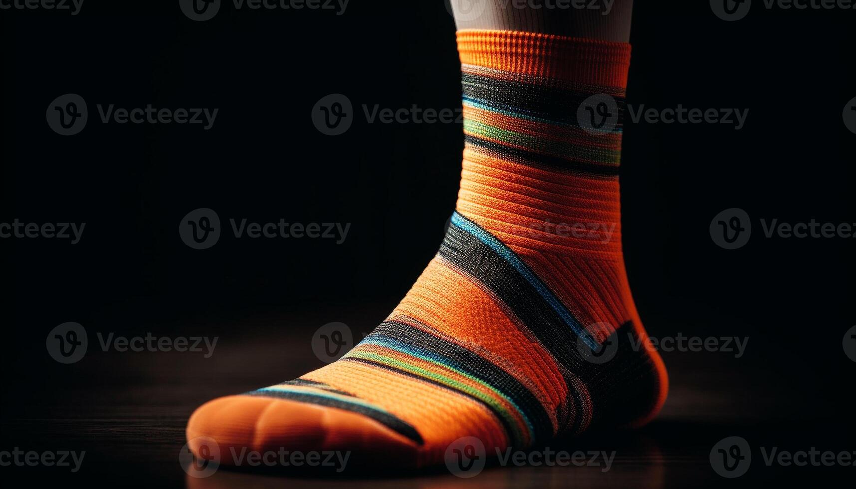 Fashionable striped stockings on a comfortable human leg and foot generated by AI photo