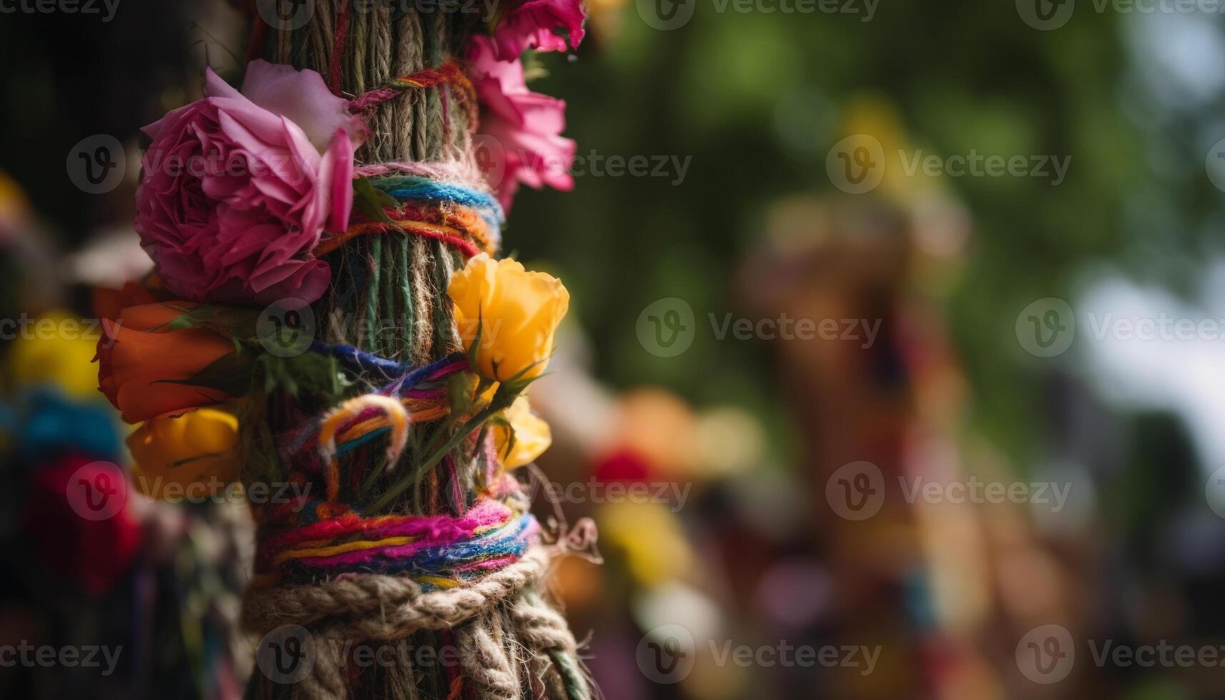 Multi colored decoration hanging from rope in traditional festival celebration outdoors generated by AI photo