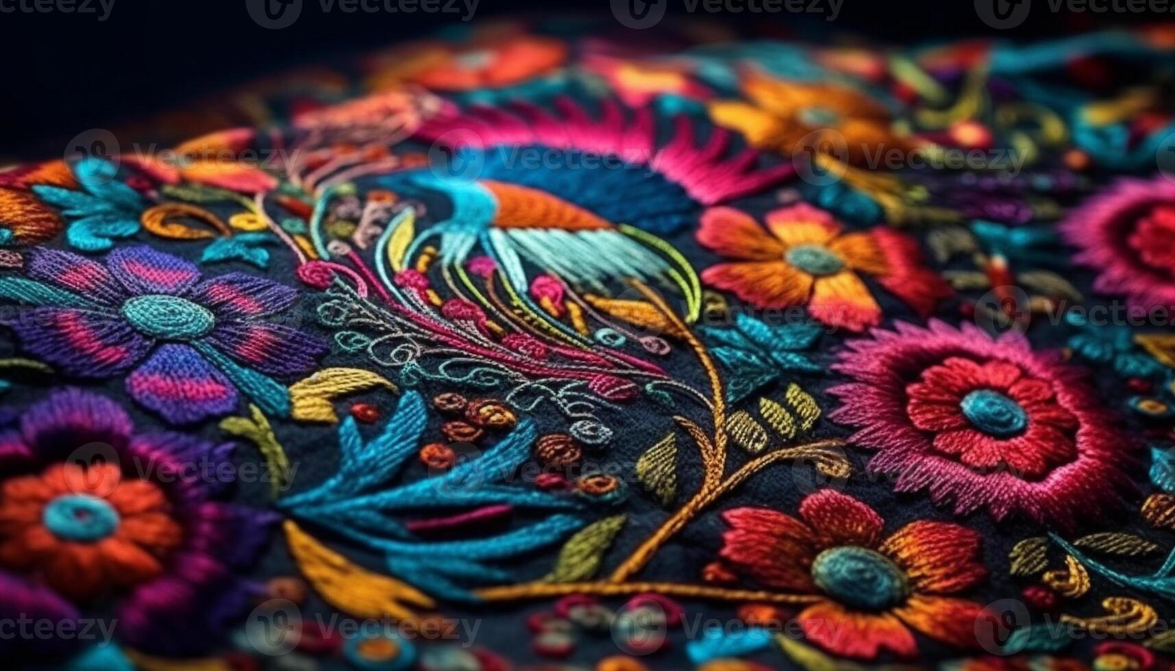 Vibrant colors and ornate embroidery adorn this homemade patchwork tapestry generated by AI photo