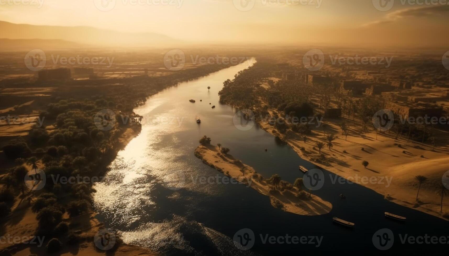 Panoramic sunset over cityscape, nautical vessel sails on water generated by AI photo