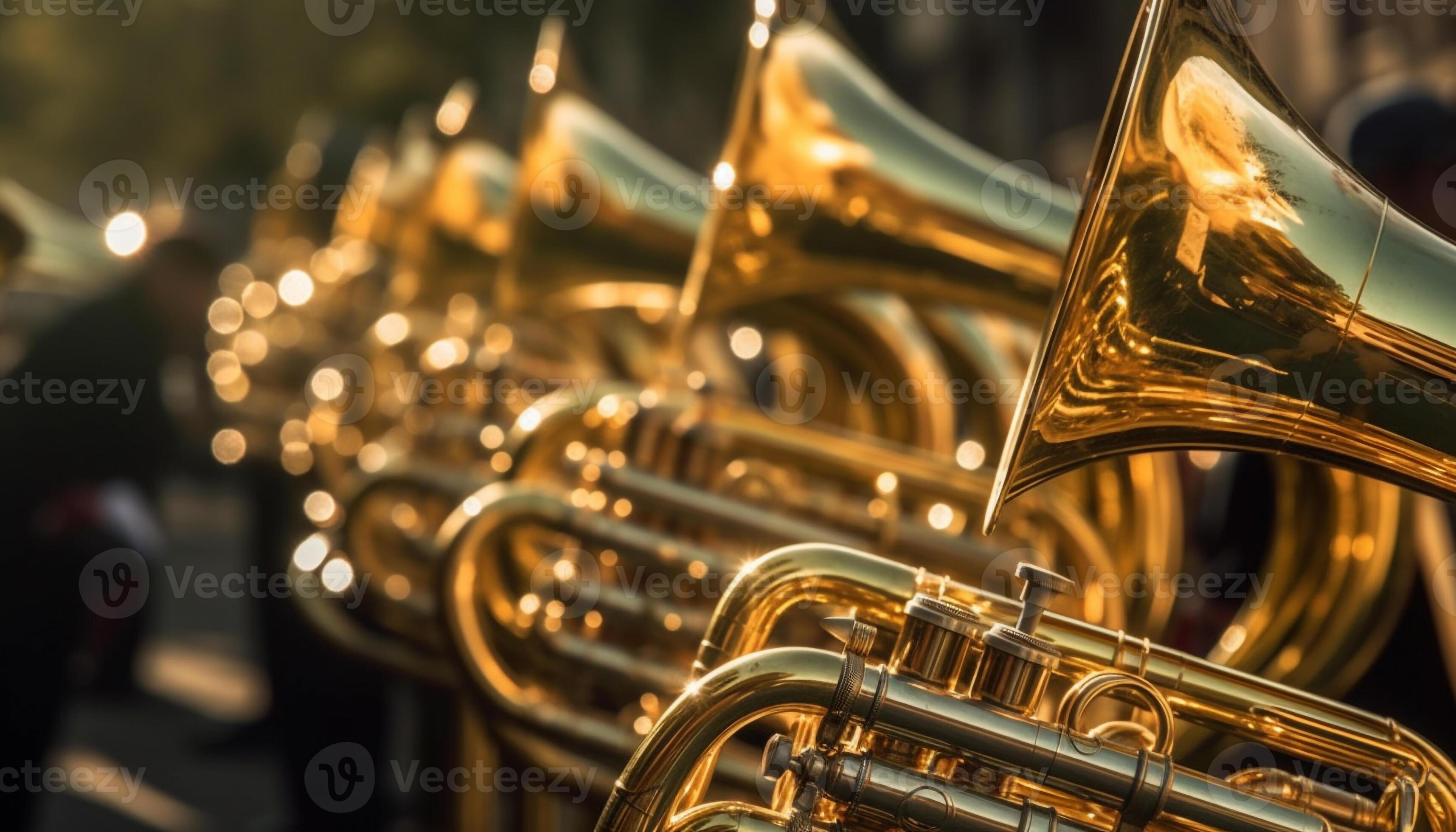 Shiny brass instruments reflect musician focus on foreground