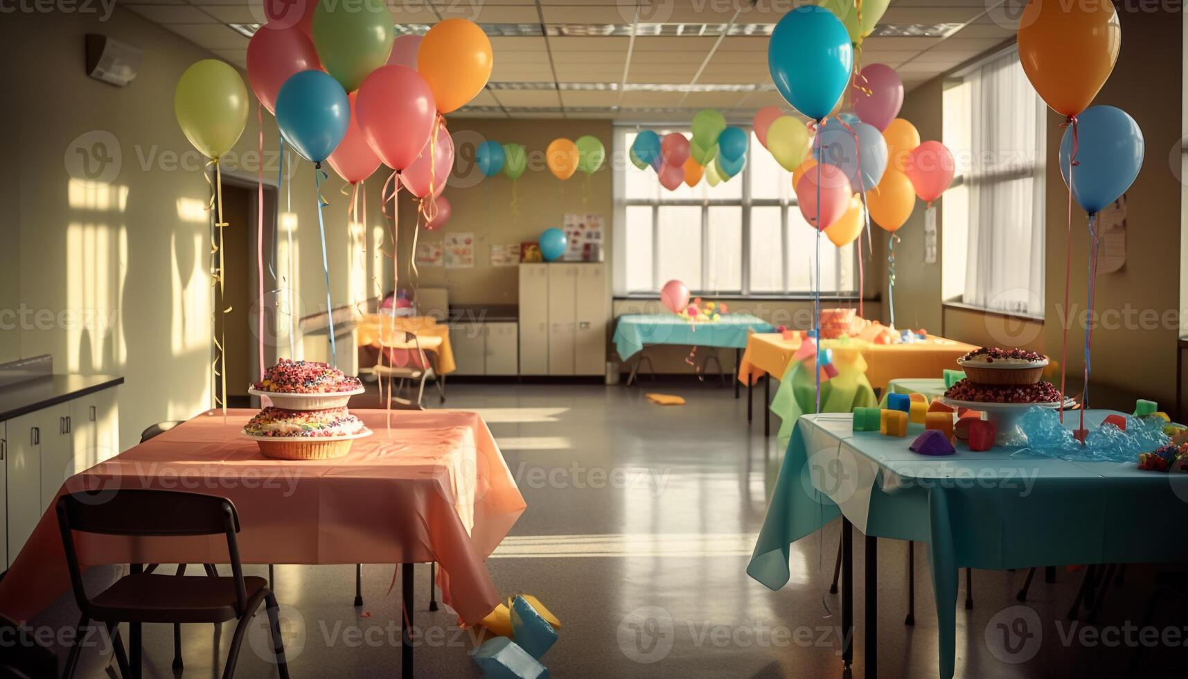 Colorful birthday party indoors with balloons, decorations, and desserts generated by AI photo