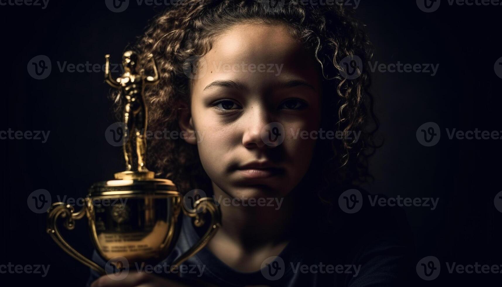 Portrait of a successful Caucasian child holding a gold trophy generated by AI photo