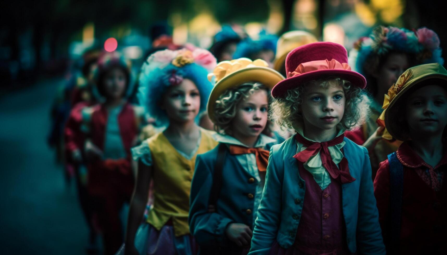 Smiling children in multi colored costumes celebrate Halloween outdoors at night generated by AI photo