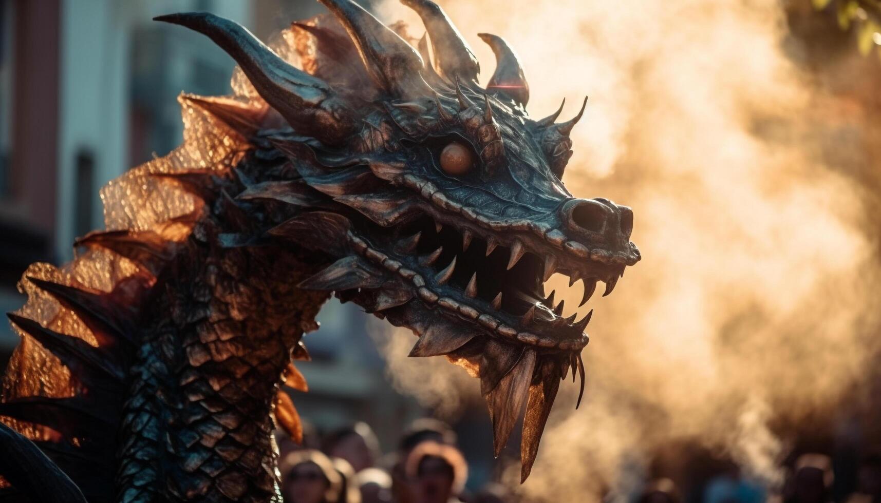 Dragon sculpture with horned animal head, teeth, and bizarre features generated by AI photo