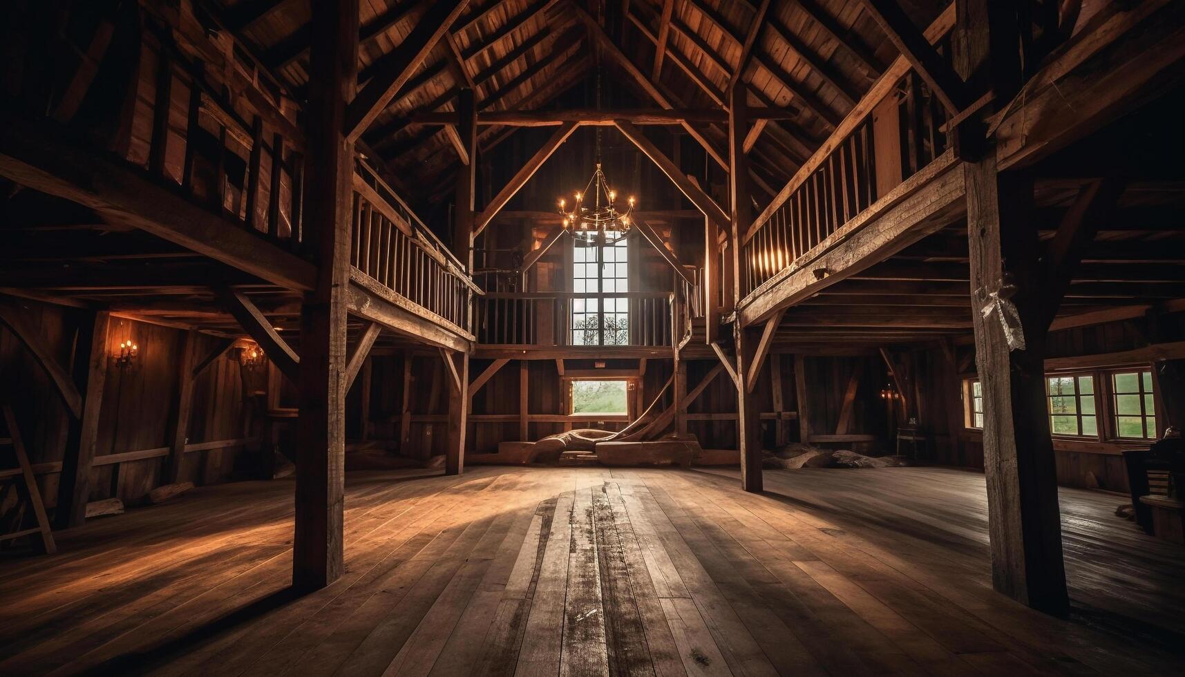 Spooky old warehouse with ancient architecture and dimly illuminated interior generated by AI photo