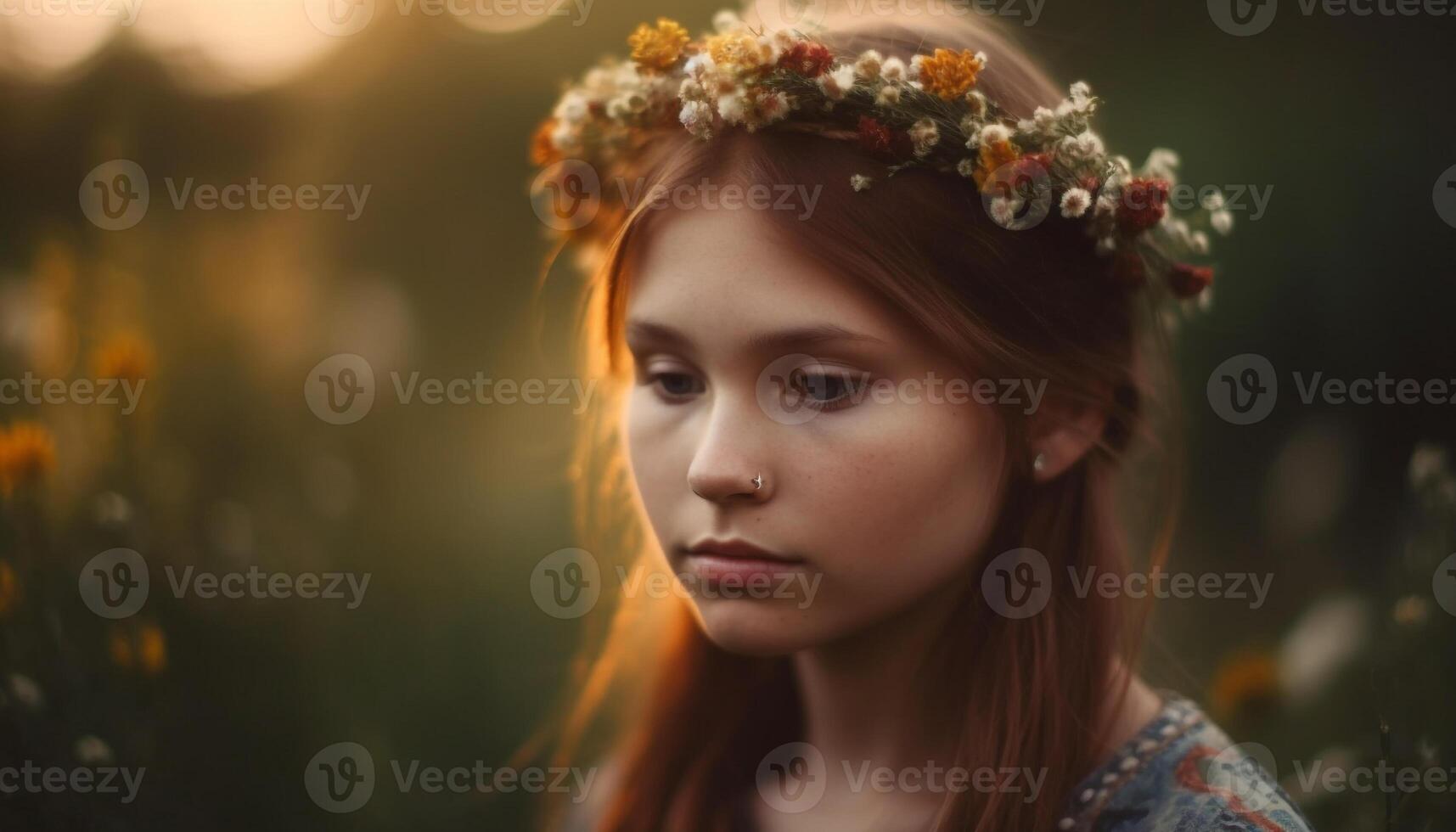 Young woman in nature, smiling, looking at camera, beauty generated by AI photo