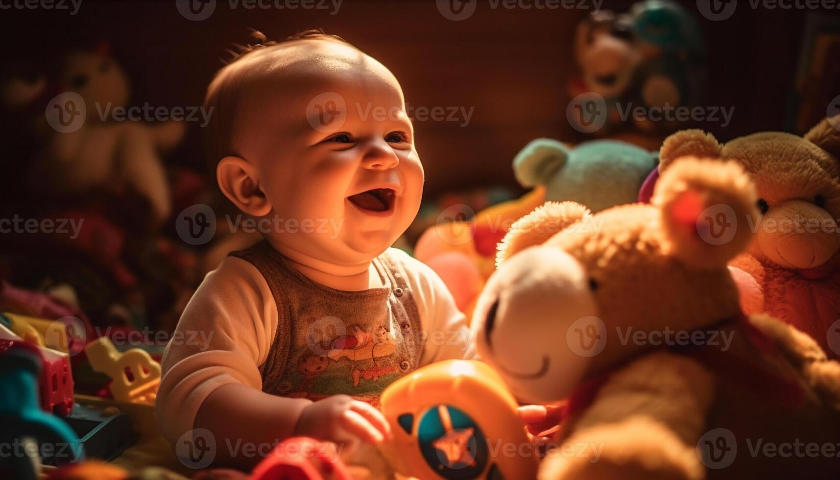 Cute baby girl playing with soft teddy bear, full of joy generated by AI photo