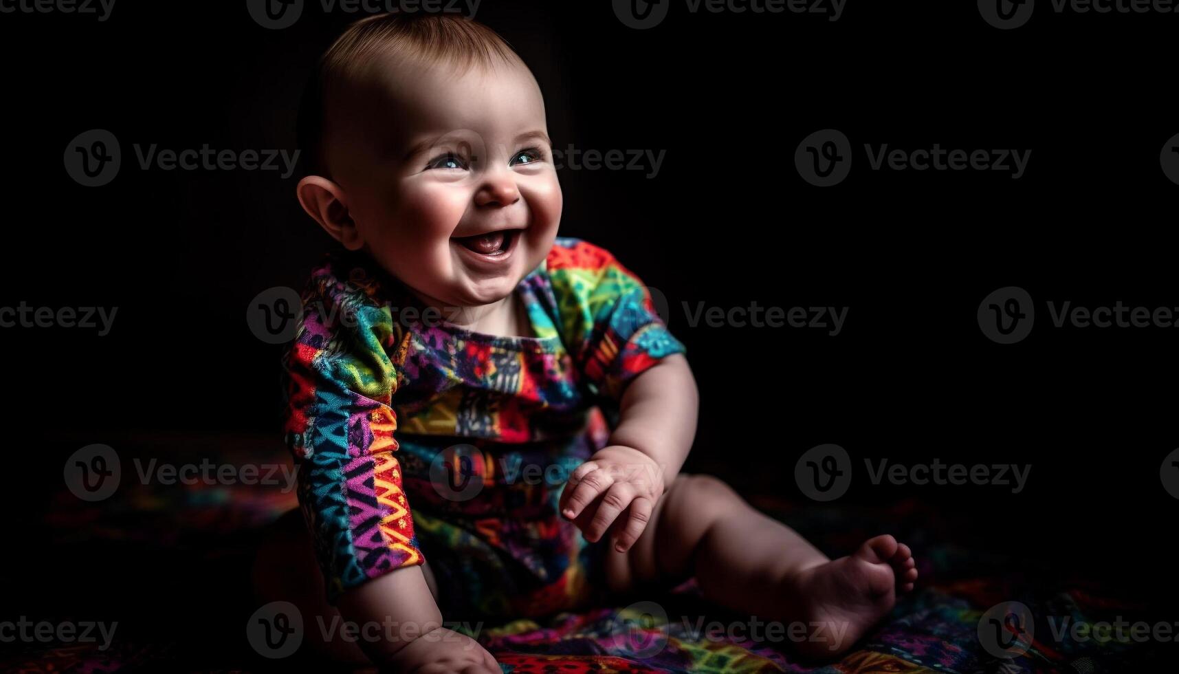 Smiling baby boy sitting, looking at camera, on black background generated by AI photo