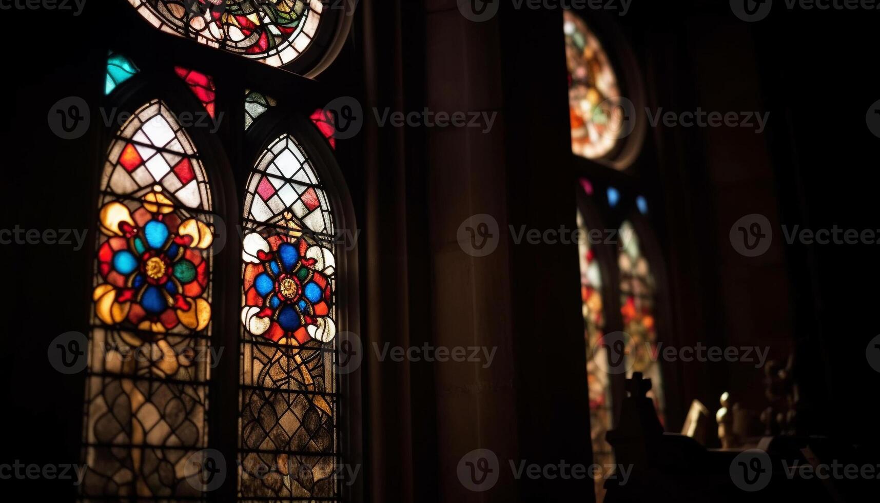 Gothic architecture illuminates spirituality through stained glass windows and altars generated by AI photo