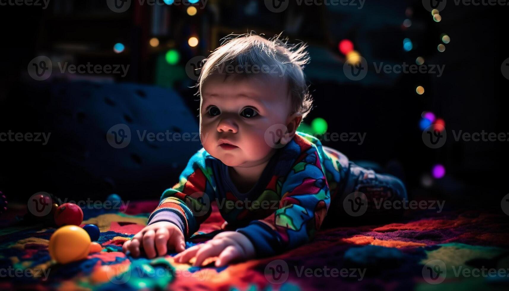 Cute baby boy playing with multi colored toy ball indoors generated by AI photo