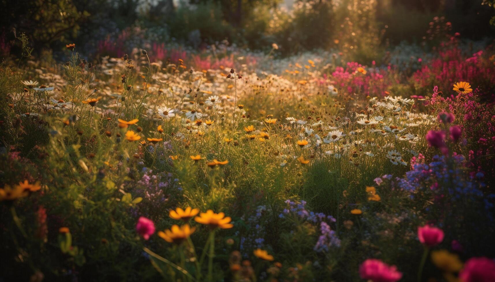 vibrante flores silvestres floración en prado, rodeado por tranquilo naturaleza generado por ai foto