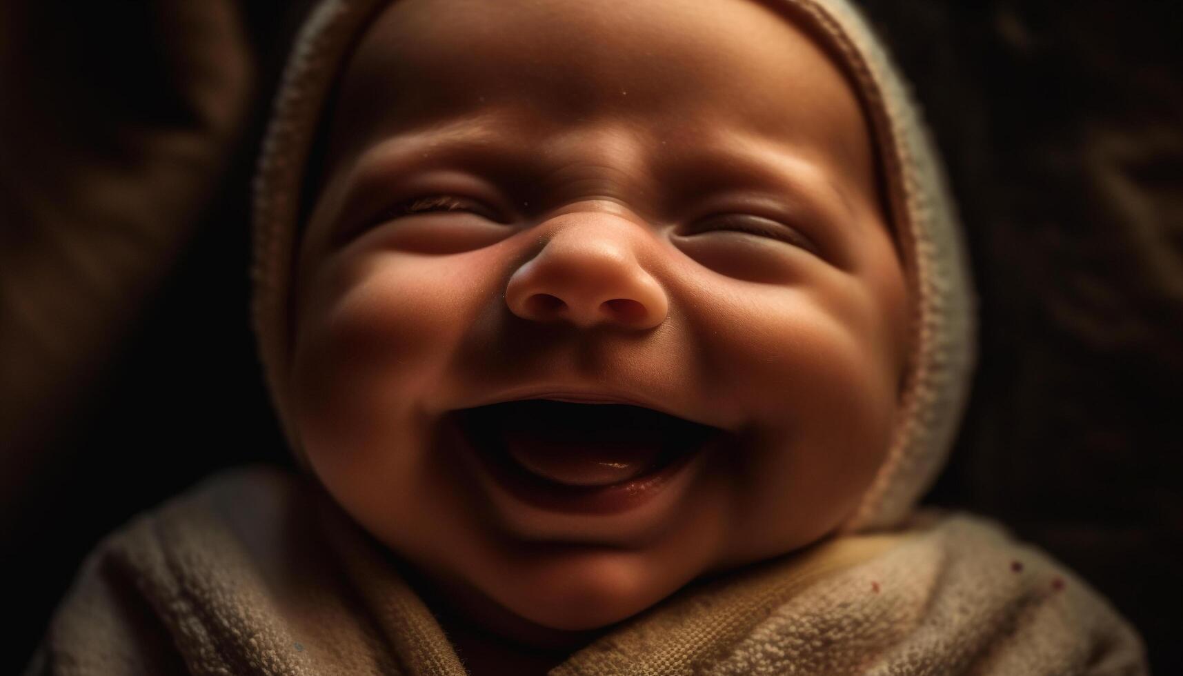 Cute baby boy smiling, wrapped in softness, sleeping peacefully indoors generated by AI photo