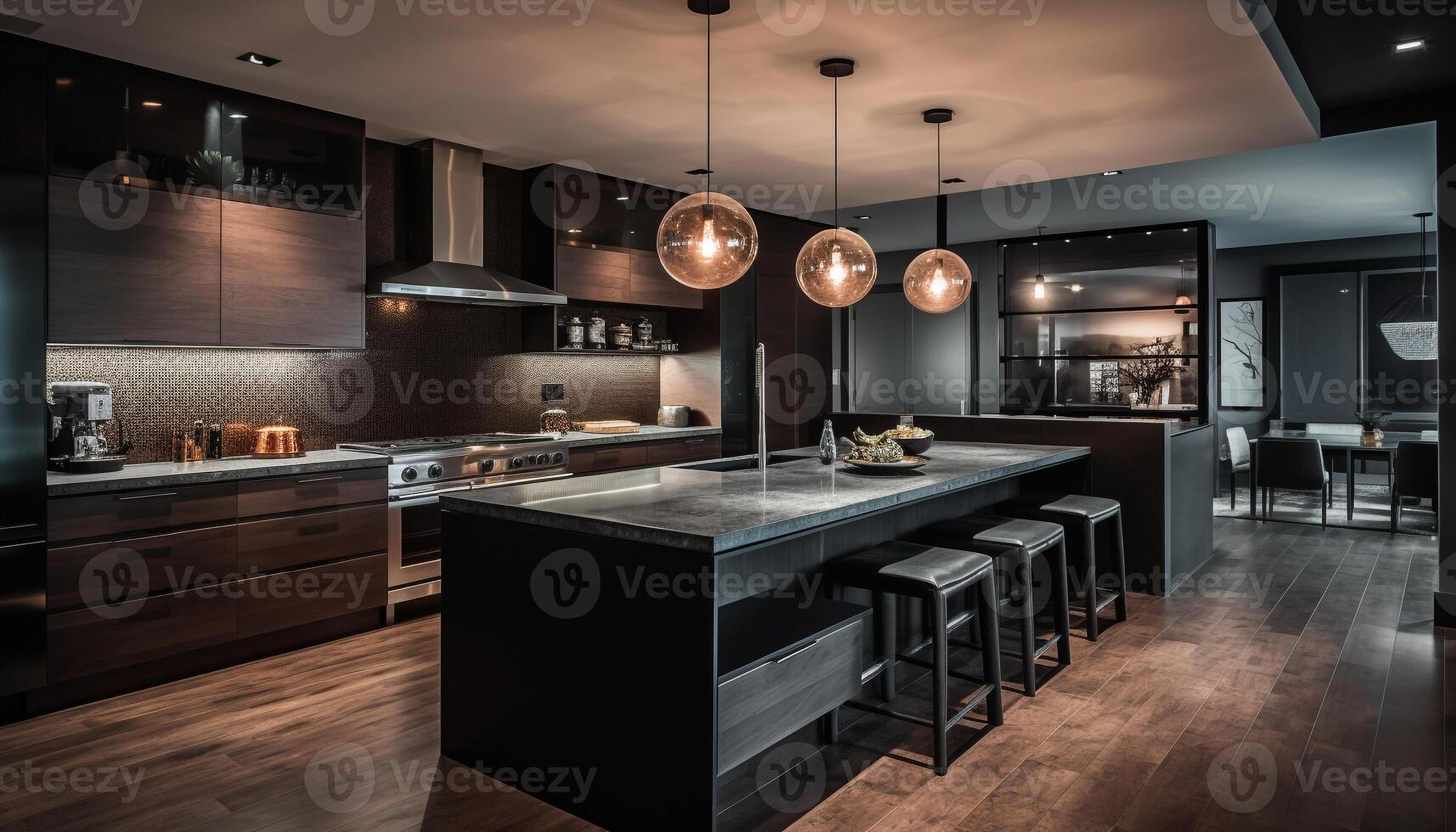 Modern luxury kitchen design with elegant wood material and lighting generated by AI photo