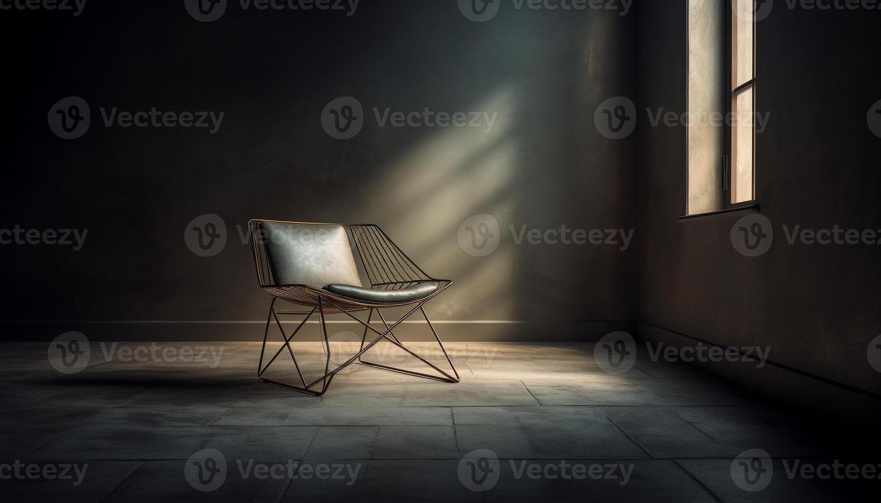 Comfortable armchair sits in modern, empty living room with blue background generated by AI photo