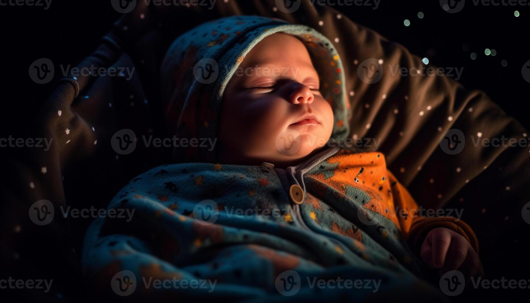 Serene baby boy sleeping peacefully wrapped in cozy blanket outdoors generated by AI photo