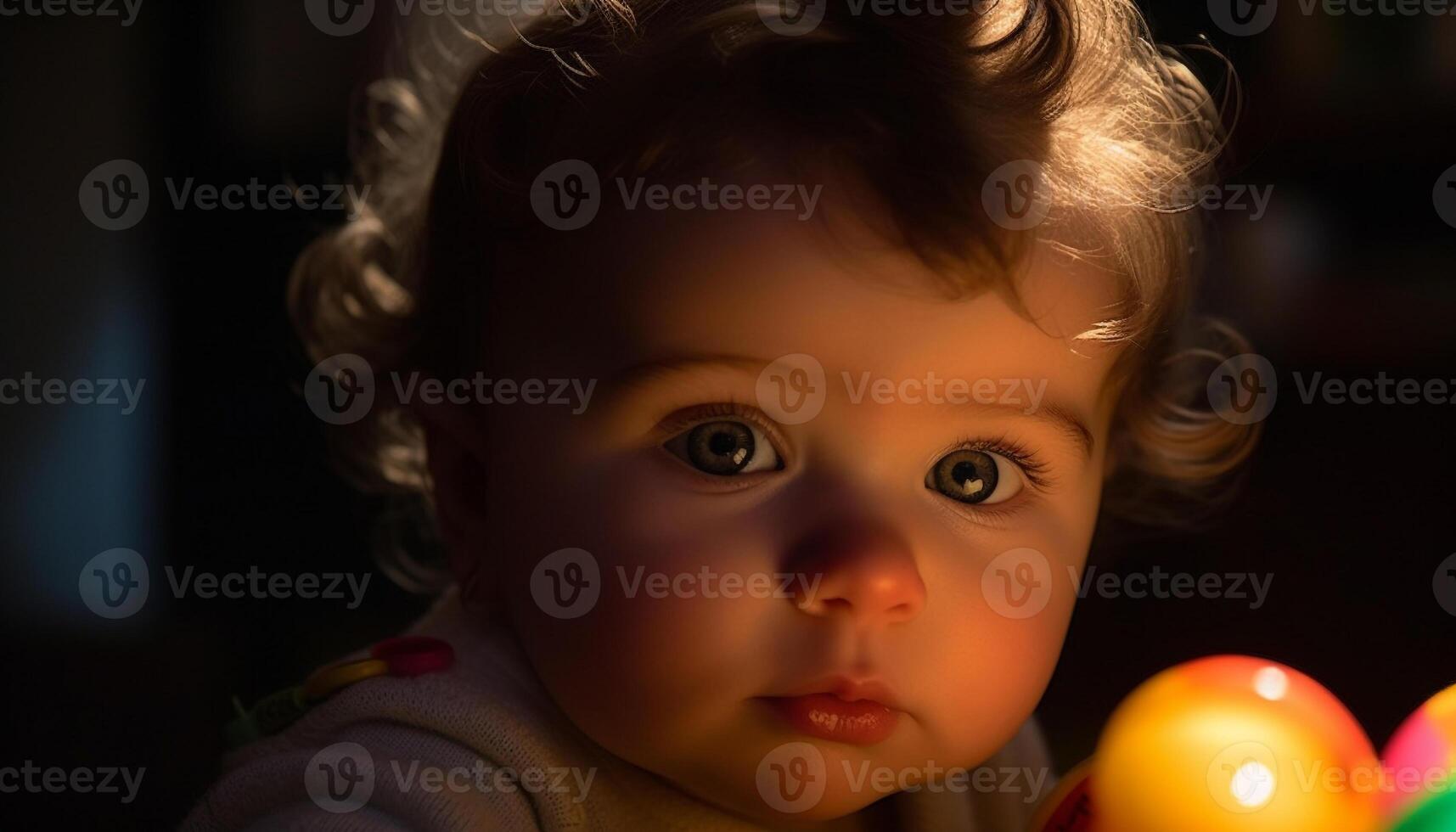 Smiling baby girl with curly hair enjoying illuminated nature decoration generated by AI photo