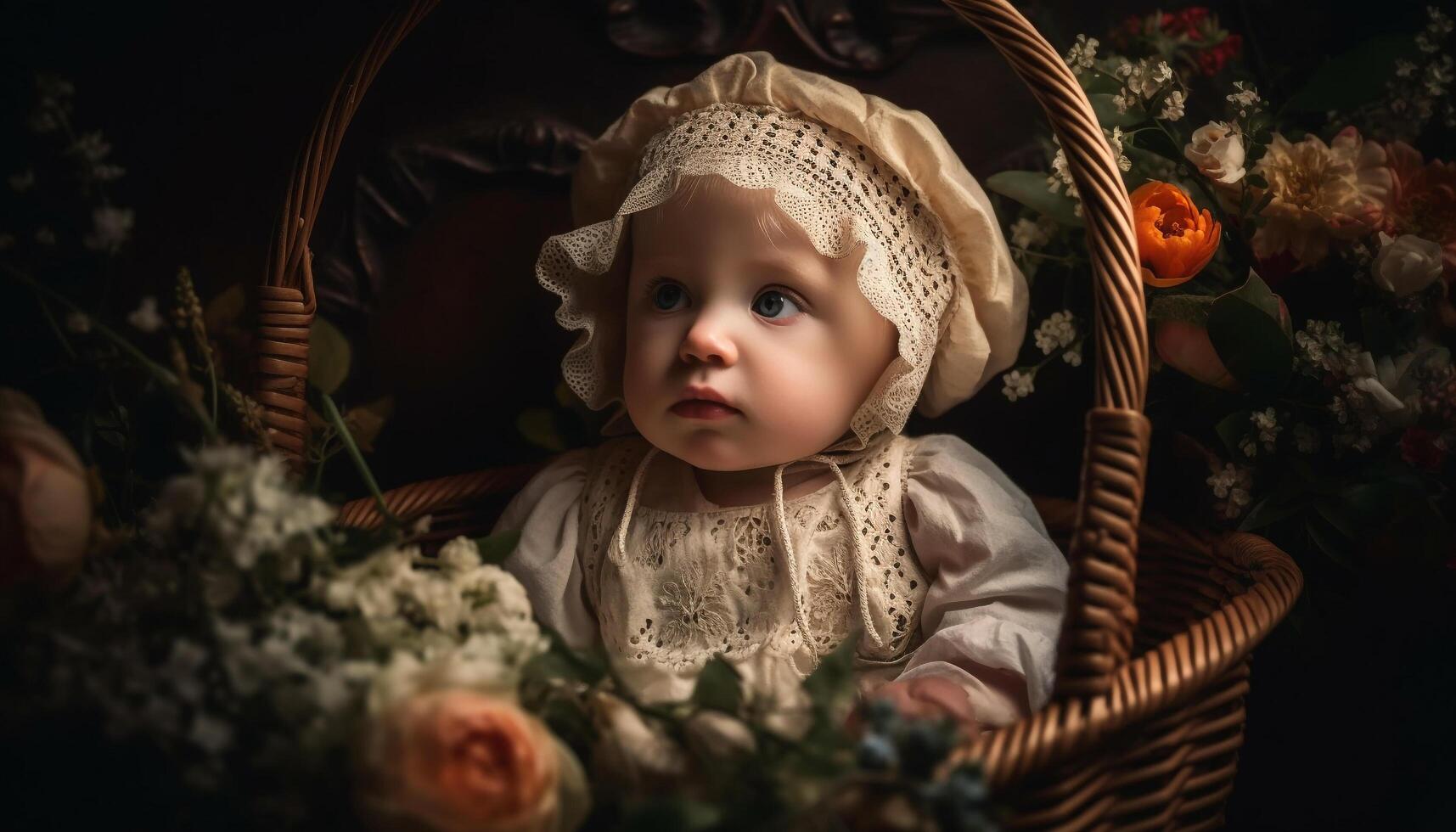 Cute baby girl smiling in wicker basket surrounded by nature generated by AI photo