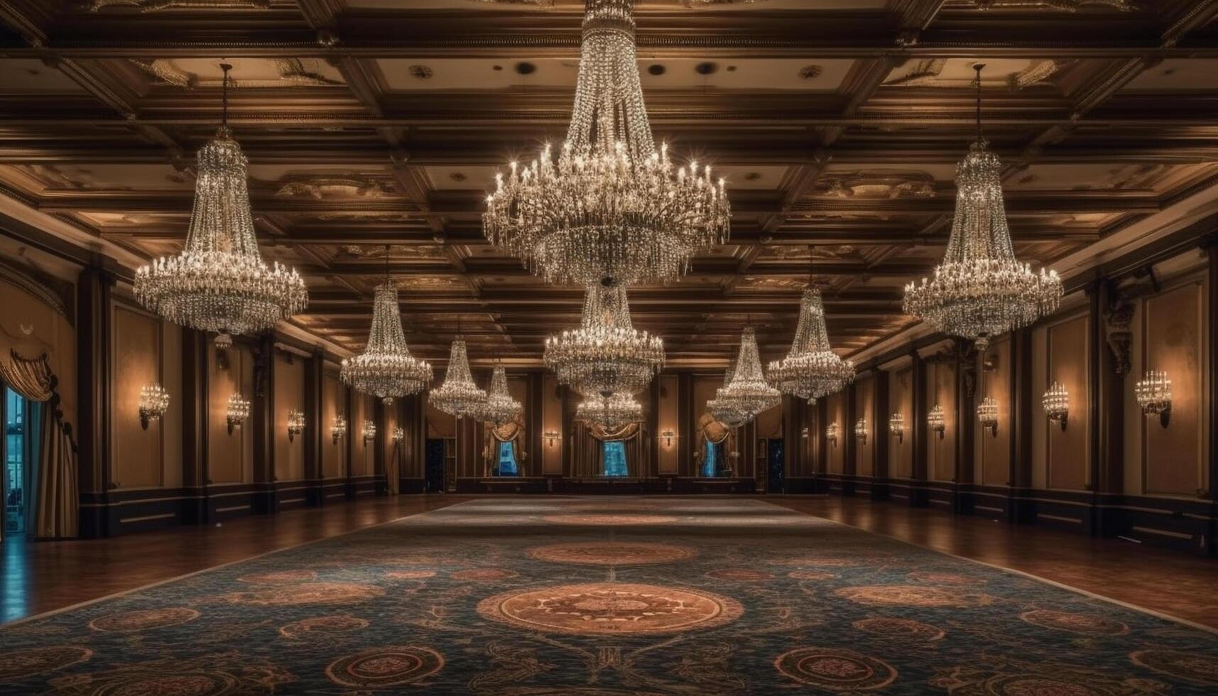 lujo arquitectura iluminado por candelabros en un majestuoso Entrada salón generado por ai foto