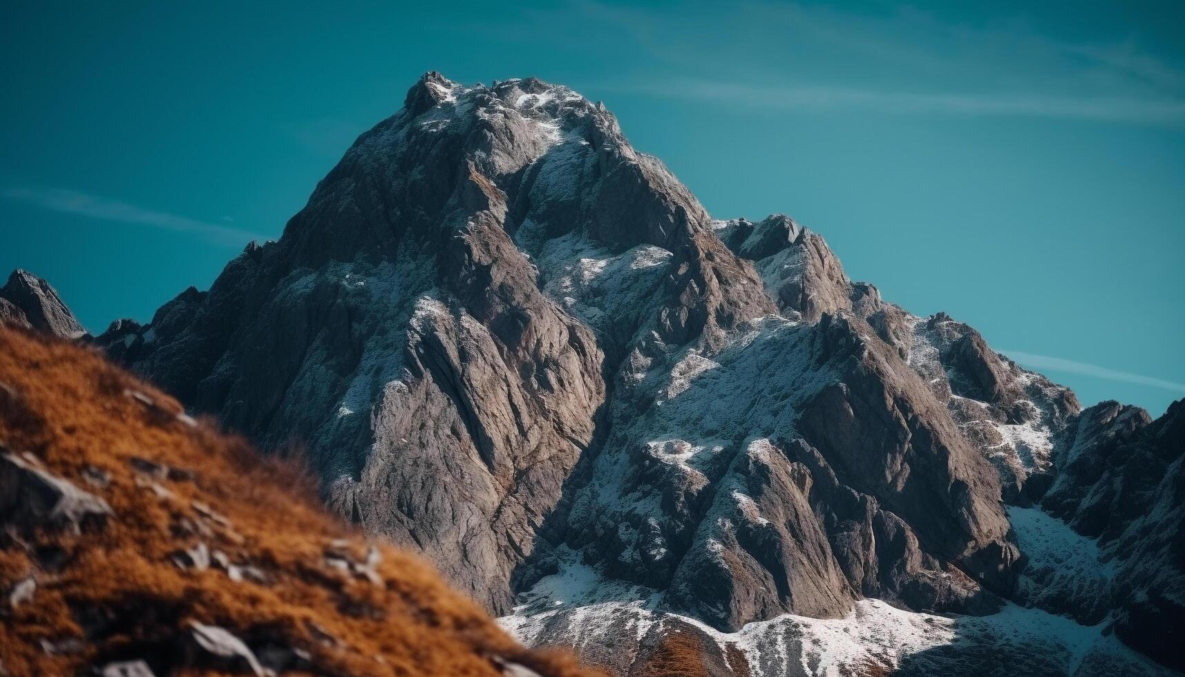 Panoramic mountain range, majestic peak, tranquil scene, extreme terrain adventure generated by AI photo