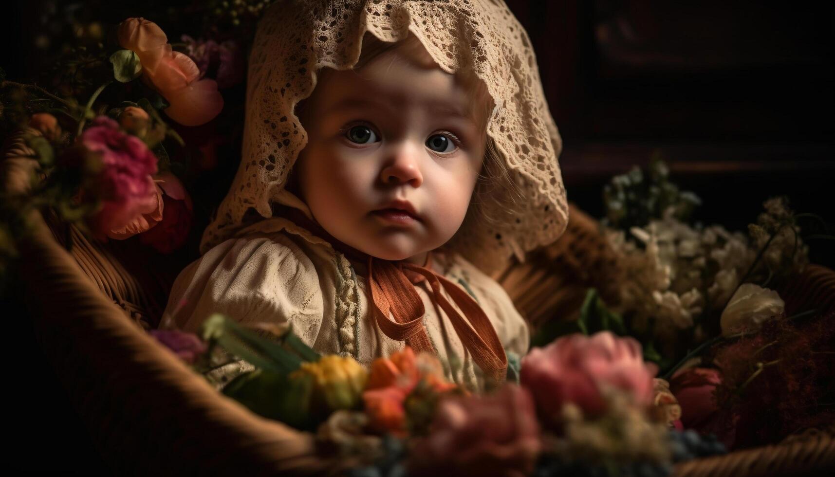 linda bebé niña sonriente con un flor ramo de flores en otoño naturaleza generado por ai foto