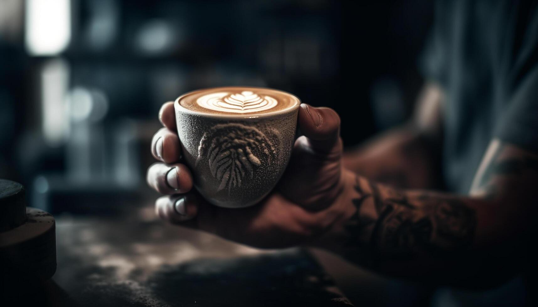 mano participación espumoso café, barista trabajando en café tienda taller generado por ai foto