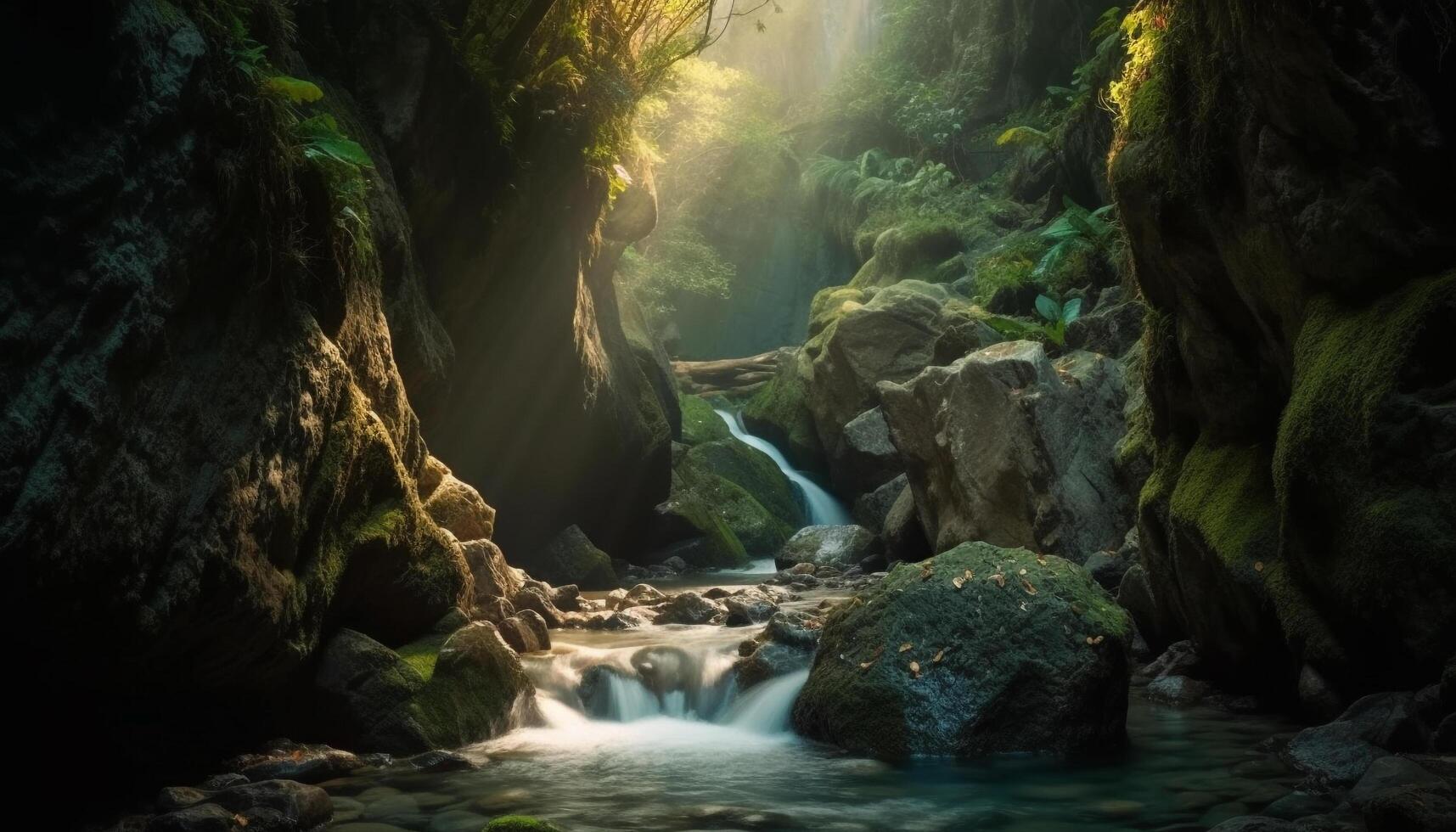 Tranquil scene of majestic mountain, flowing water, and natural beauty generated by AI photo