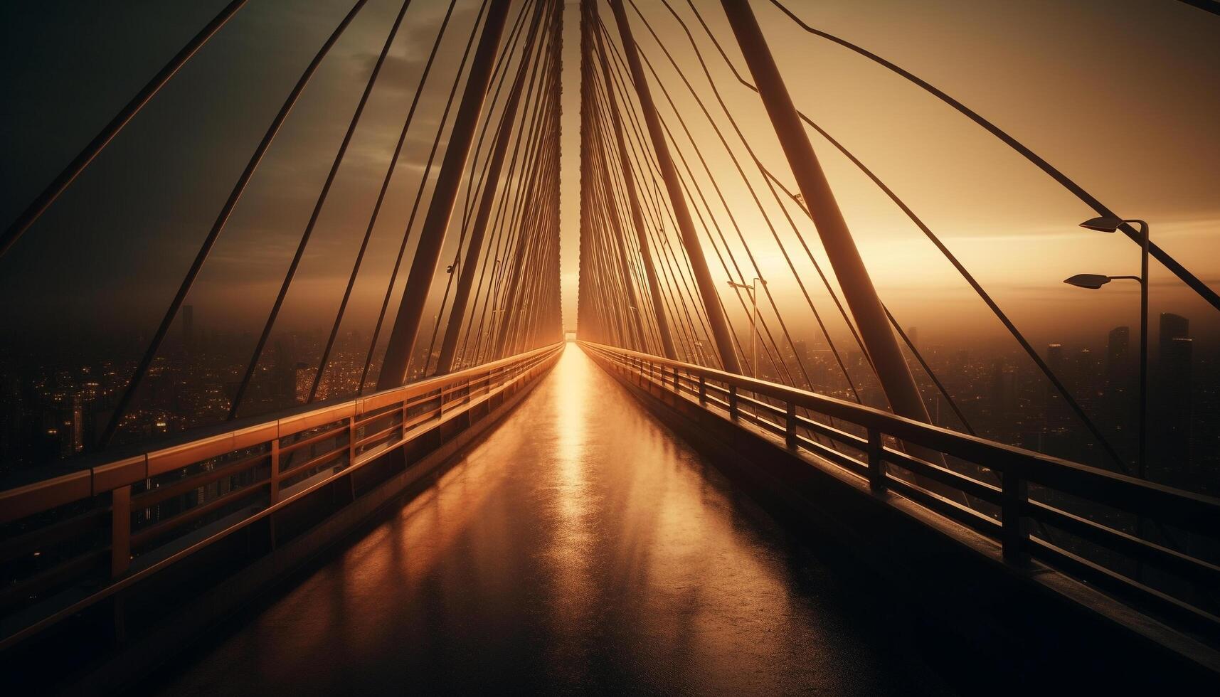Steel suspension bridge reflects sunset over water, vanishing point illuminated generated by AI photo