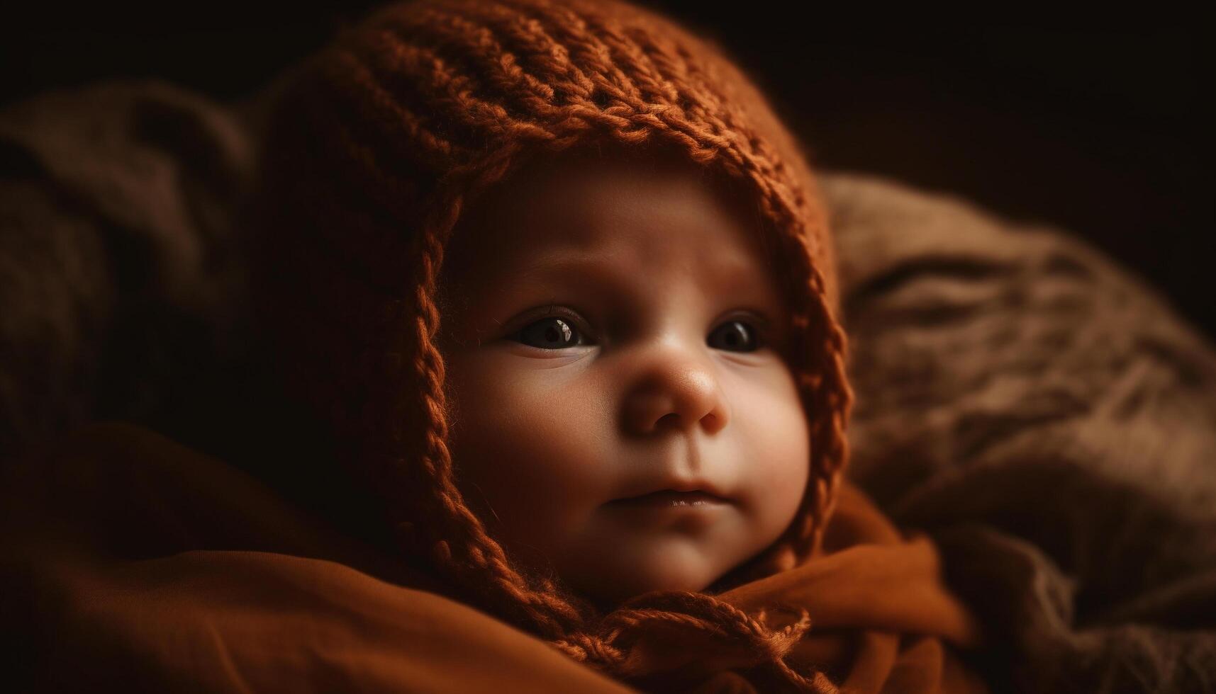 Cute baby boy smiling, looking at camera in warm knit cap generated by AI photo